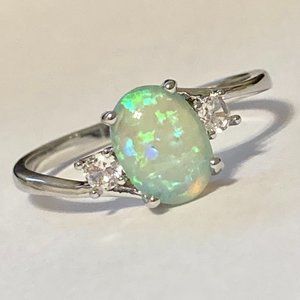 Opal Stone Ring Solitaire Silver Plated Simulated Oval Cut Size 7 8 9 10 11